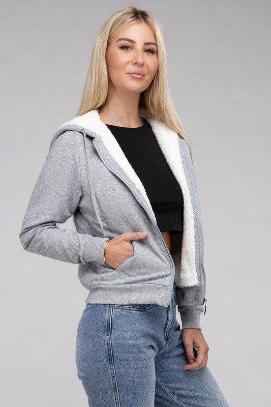 Fuzzy Trim Zip-Up Crop Hoodie - us.meeeshop