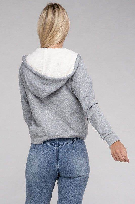 Fuzzy Trim Zip-Up Crop Hoodie - us.meeeshop