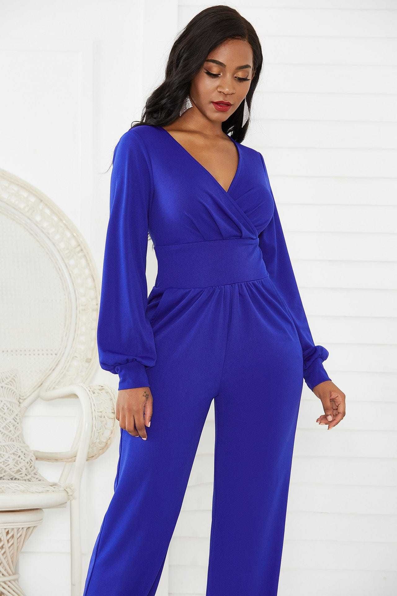 Gathered Detail Surplice Lantern Sleeve Jumpsuit us.meeeshop - 