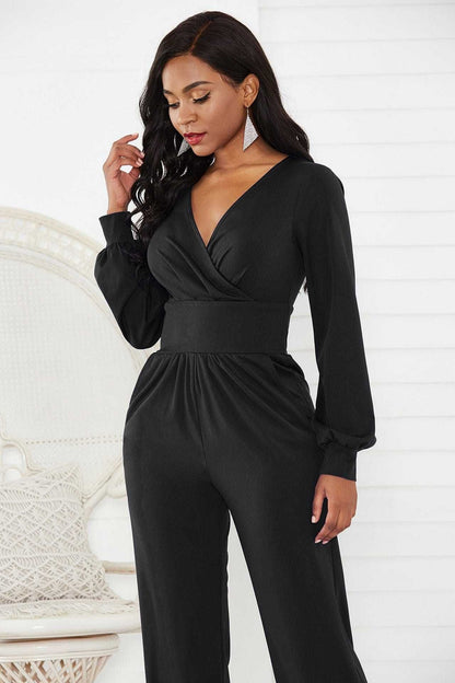 Gathered Detail Surplice Lantern Sleeve Jumpsuit us.meeeshop - 