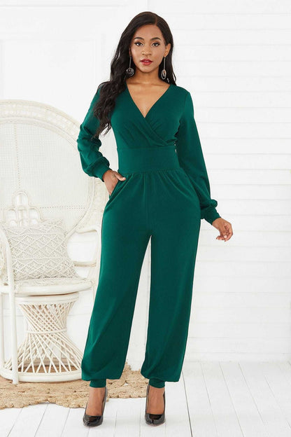 Gathered Detail Surplice Lantern Sleeve Jumpsuit us.meeeshop - 