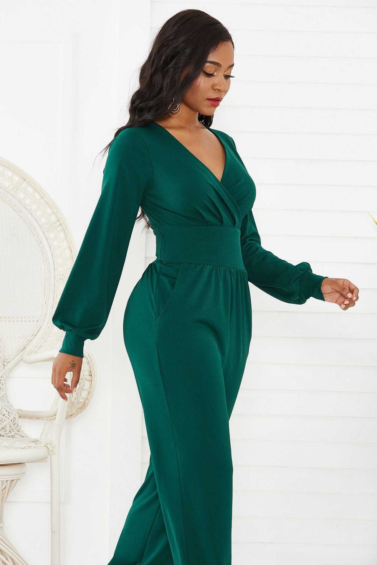 Gathered Detail Surplice Lantern Sleeve Jumpsuit us.meeeshop - 