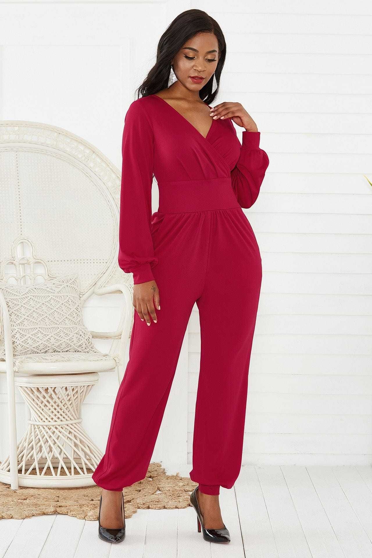 Gathered Detail Surplice Lantern Sleeve Jumpsuit us.meeeshop - 