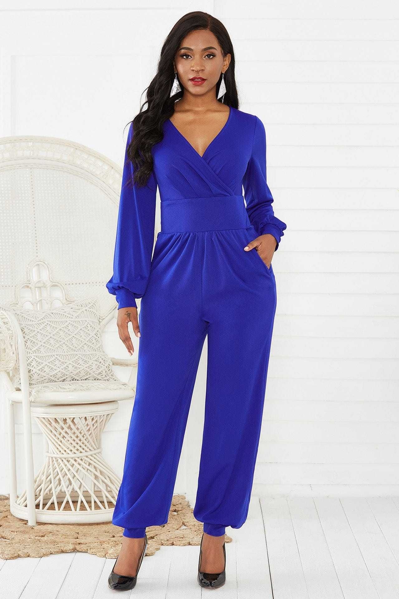 Gathered Detail Surplice Lantern Sleeve Jumpsuit us.meeeshop - 