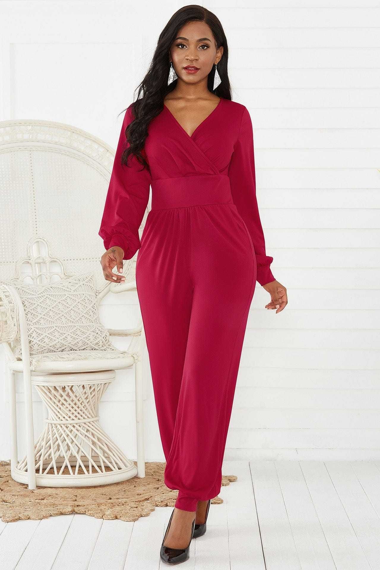 Gathered Detail Surplice Lantern Sleeve Jumpsuit us.meeeshop - 