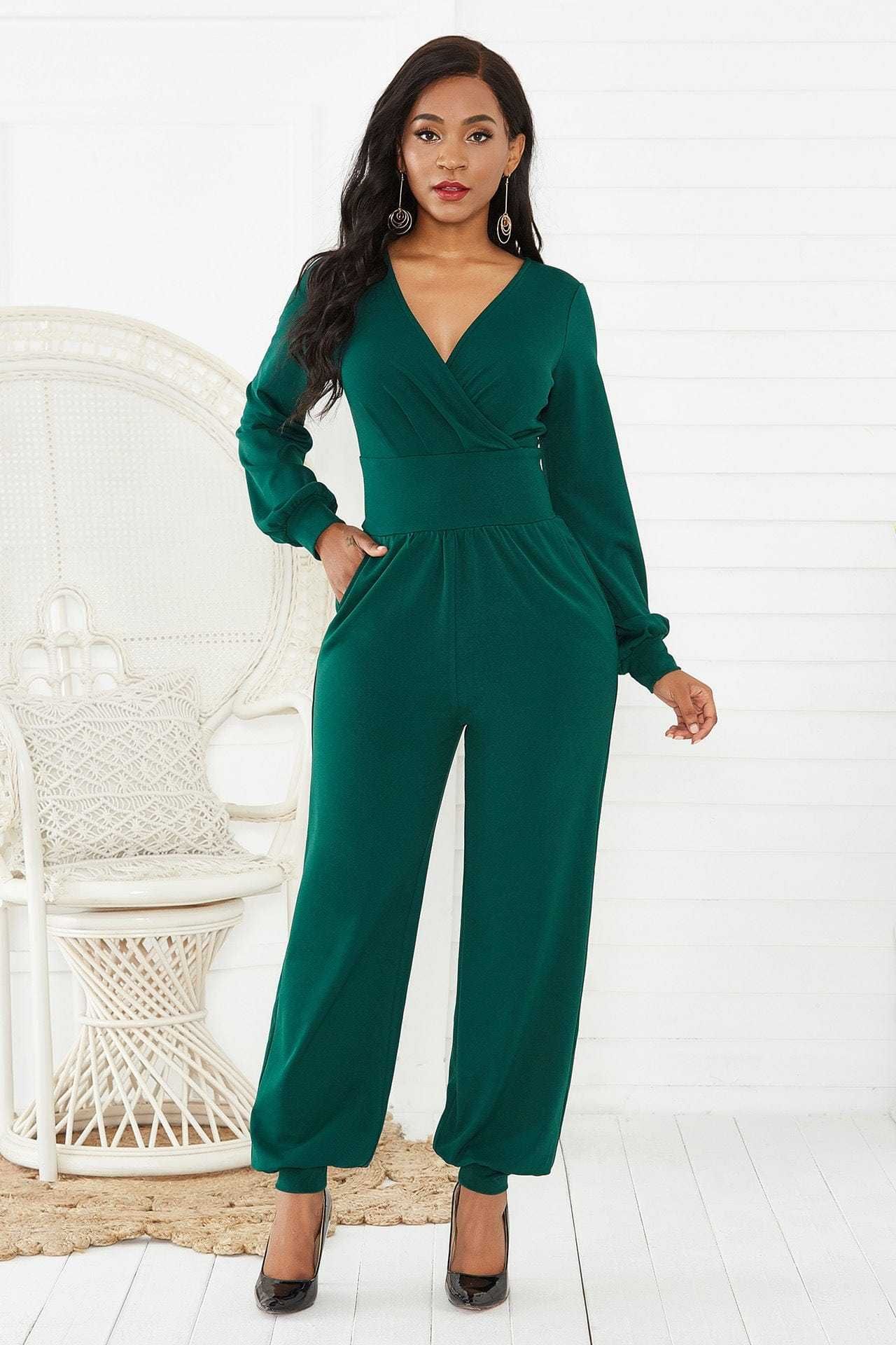 Gathered Detail Surplice Lantern Sleeve Jumpsuit us.meeeshop - 