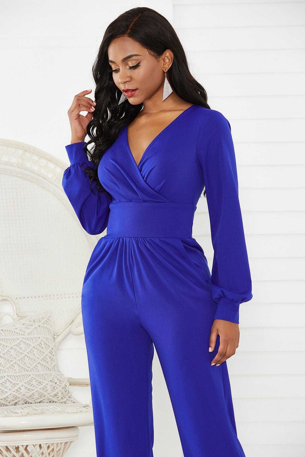 Gathered Detail Surplice Lantern Sleeve Jumpsuit us.meeeshop - 