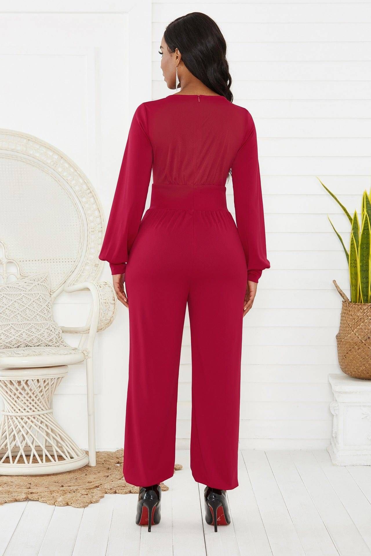 Gathered Detail Surplice Lantern Sleeve Jumpsuit us.meeeshop - 