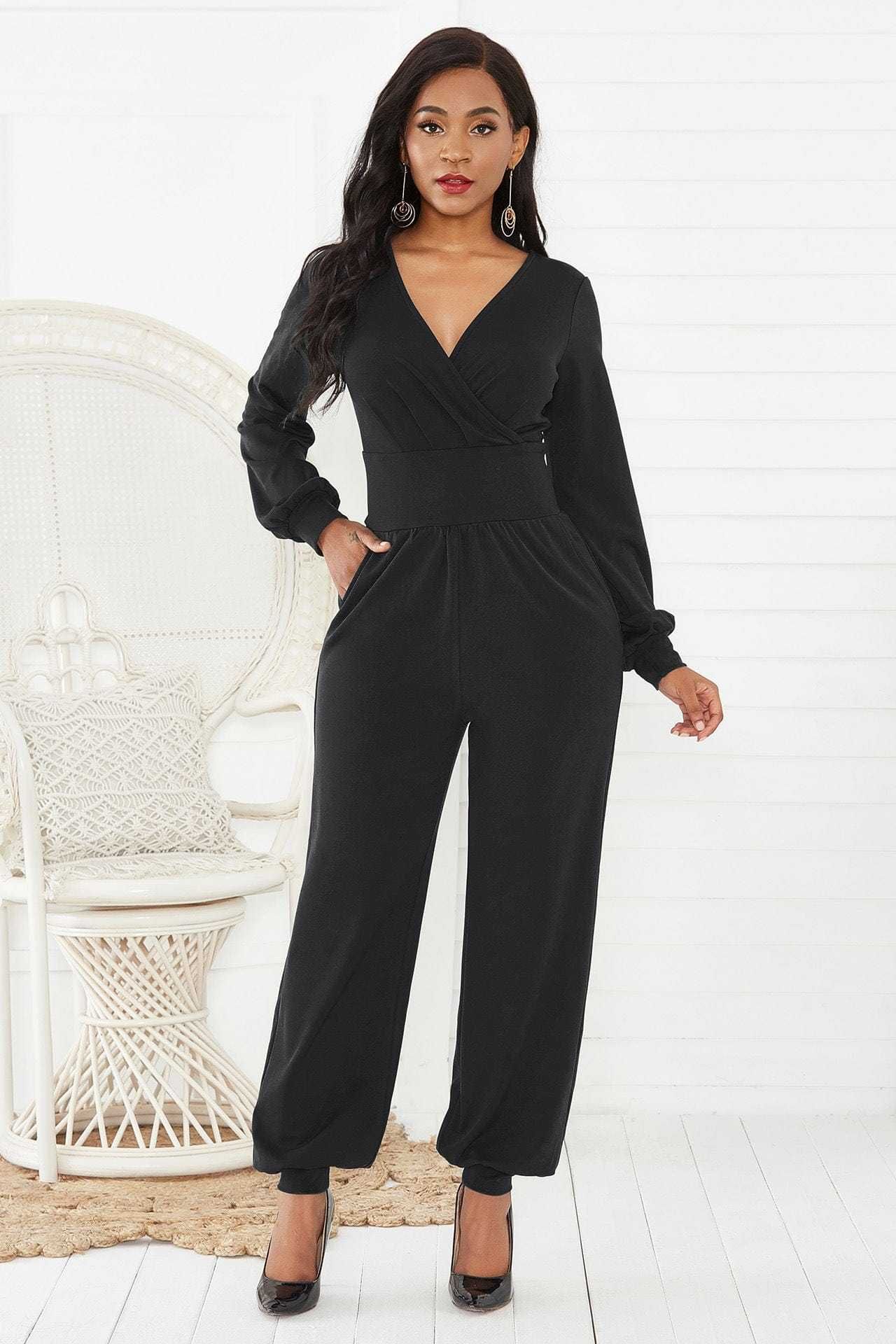 Gathered Detail Surplice Lantern Sleeve Jumpsuit us.meeeshop - 