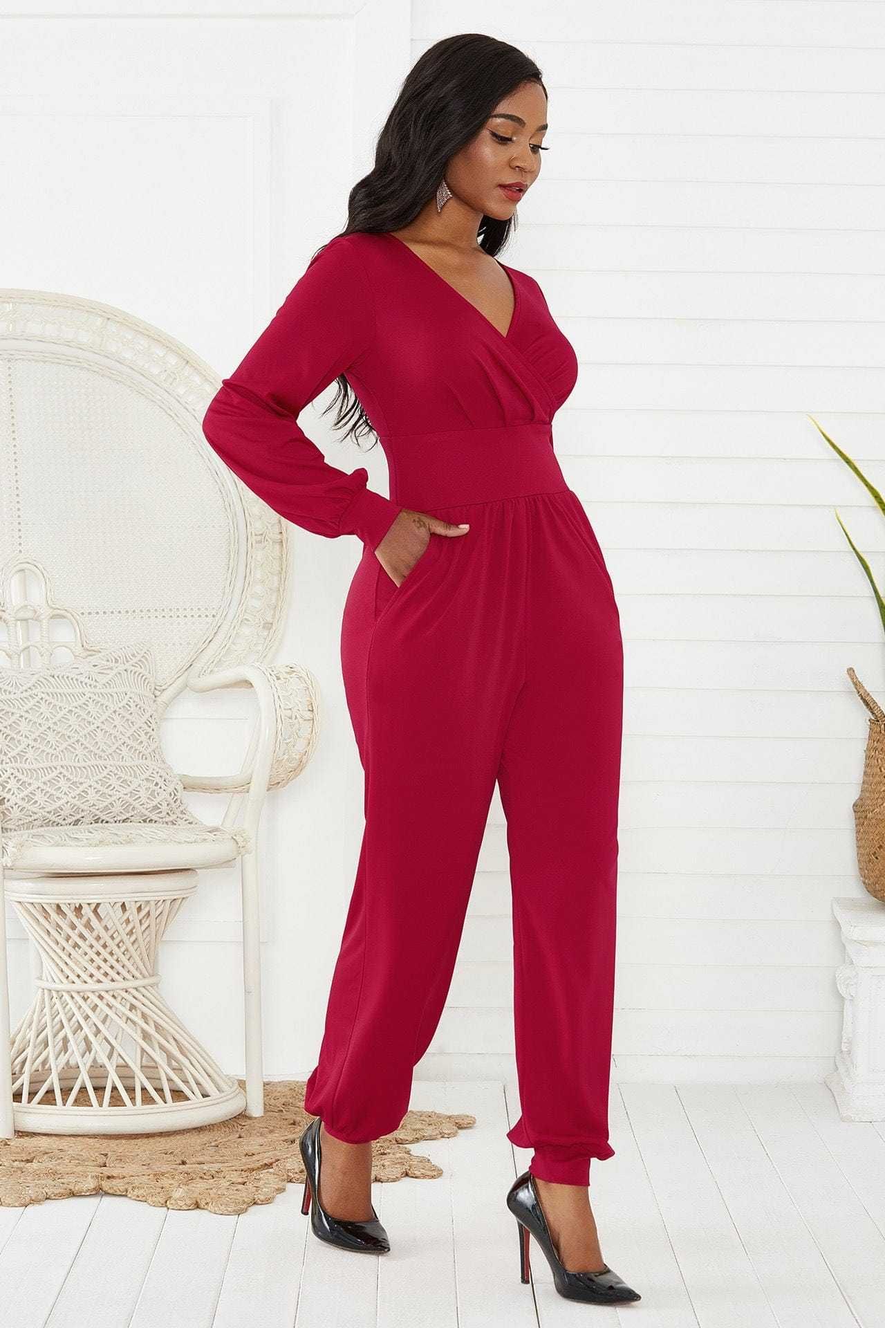 Gathered Detail Surplice Lantern Sleeve Jumpsuit us.meeeshop - 