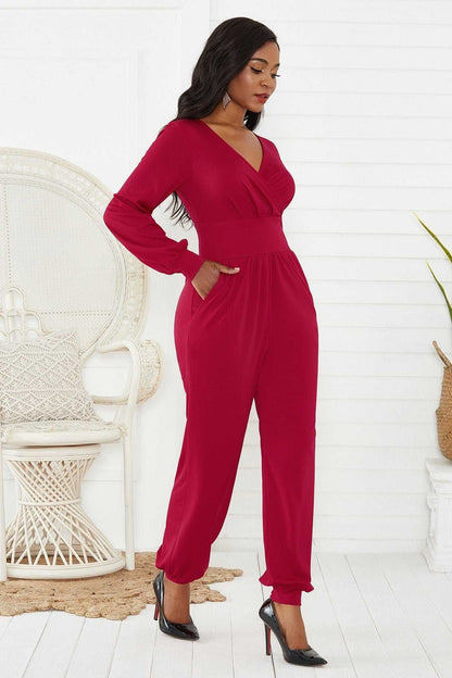 Gathered Detail Surplice Lantern Sleeve Jumpsuit us.meeeshop - 