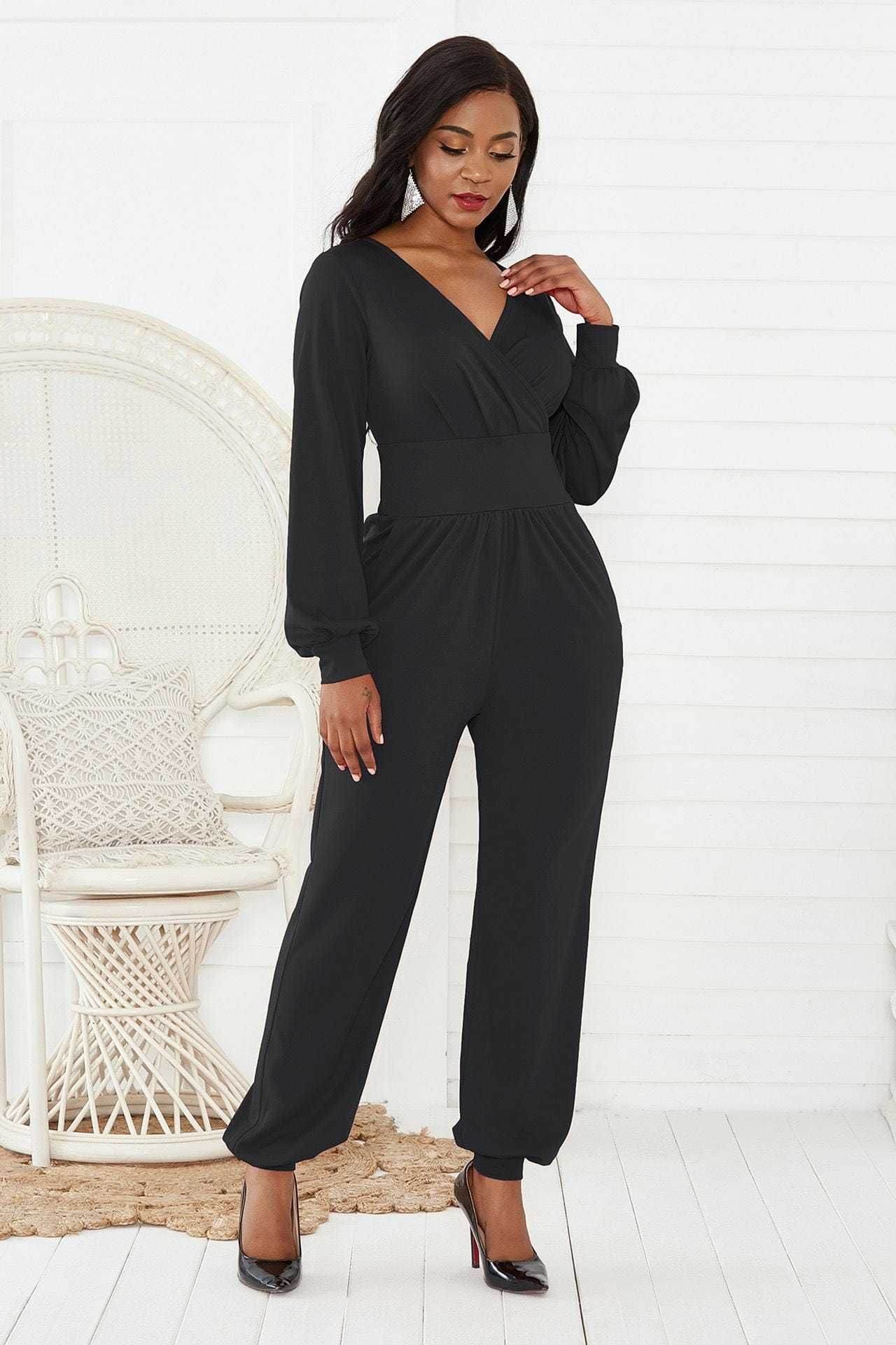 Gathered Detail Surplice Lantern Sleeve Jumpsuit - us.meeeshop