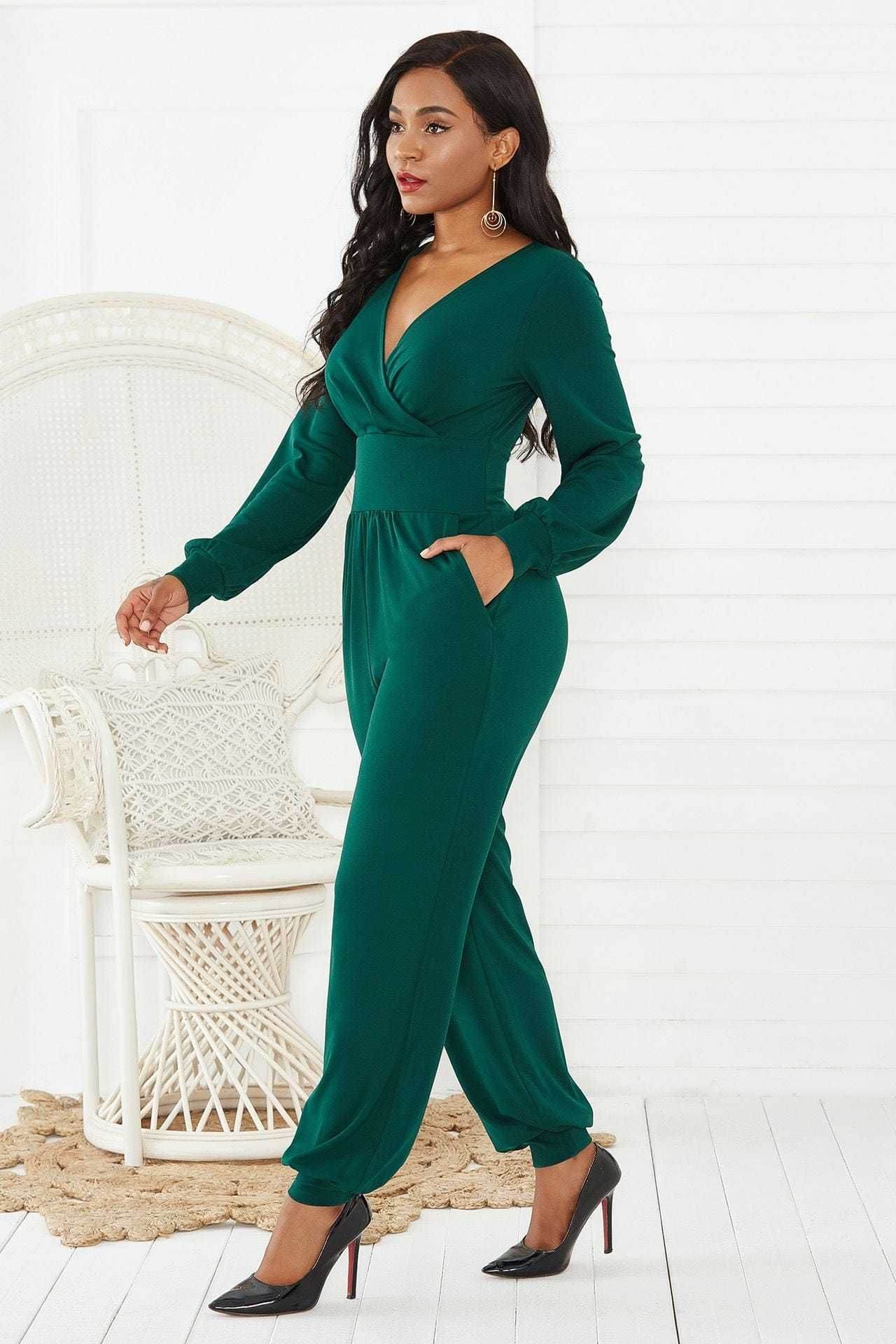 Gathered Detail Surplice Lantern Sleeve Jumpsuit - us.meeeshop