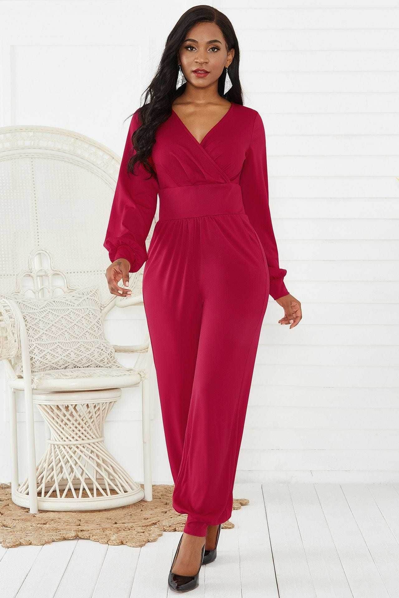 Gathered Detail Surplice Lantern Sleeve Jumpsuit - us.meeeshop