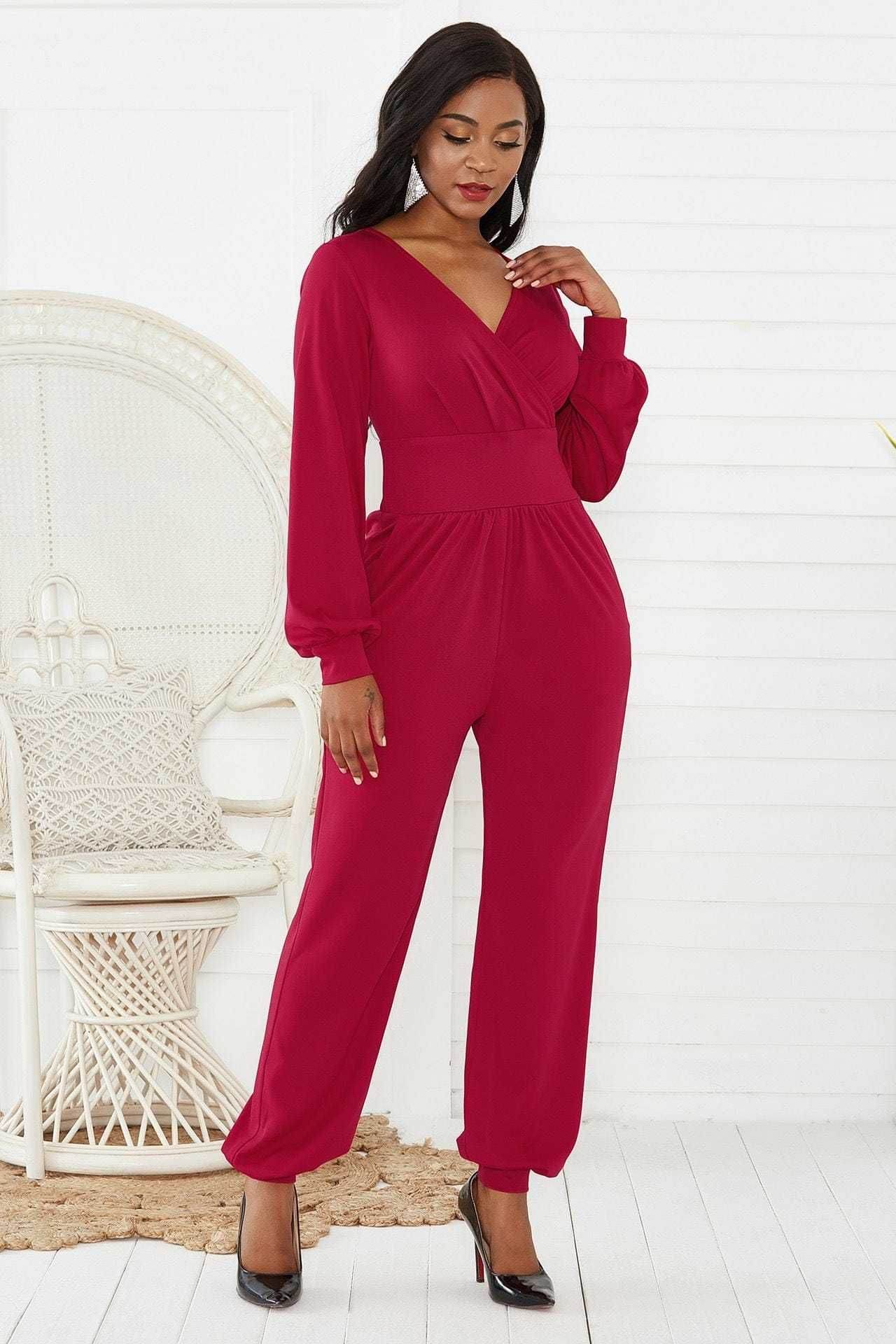 Gathered Detail Surplice Lantern Sleeve Jumpsuit - us.meeeshop