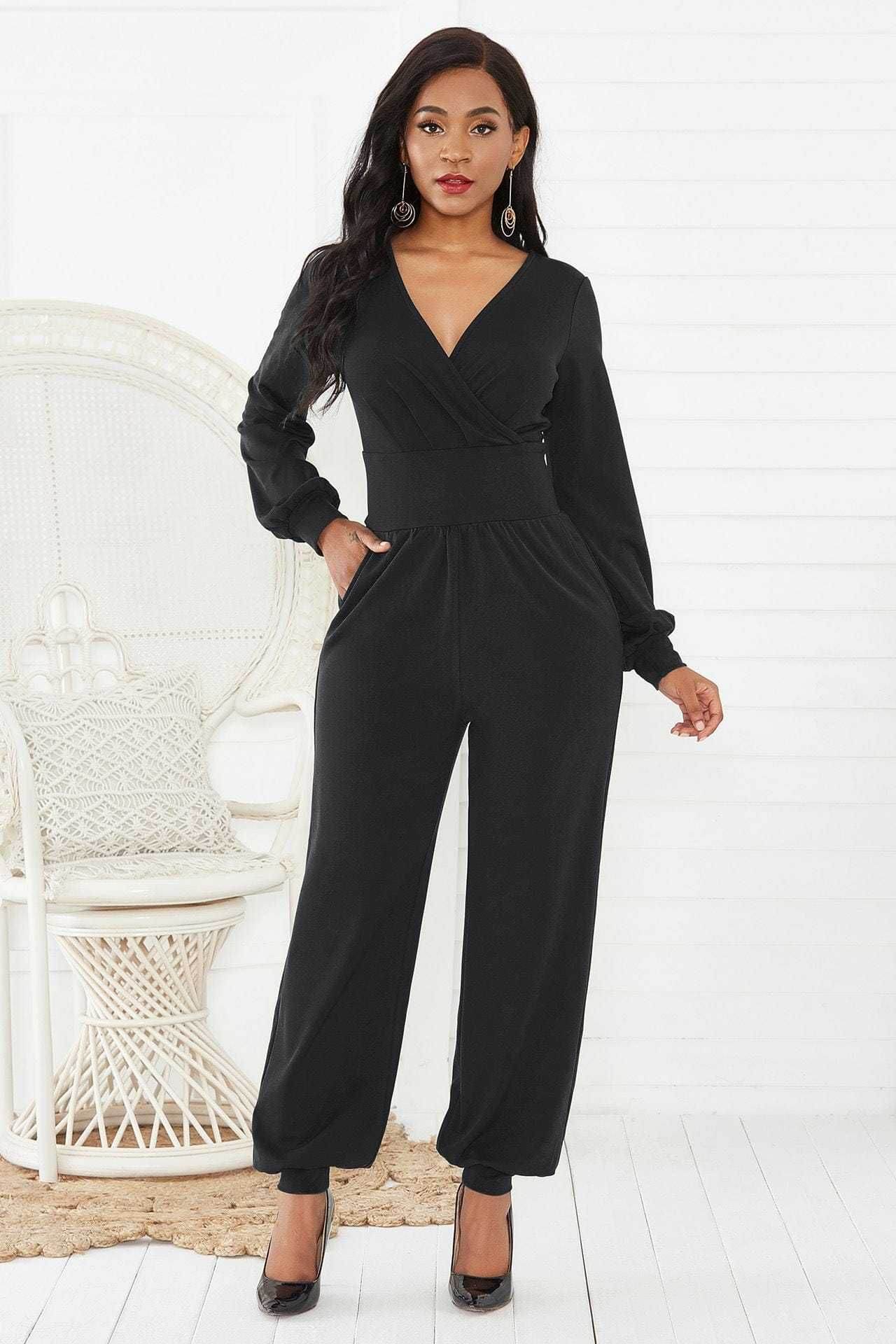 Gathered Detail Surplice Lantern Sleeve Jumpsuit - us.meeeshop