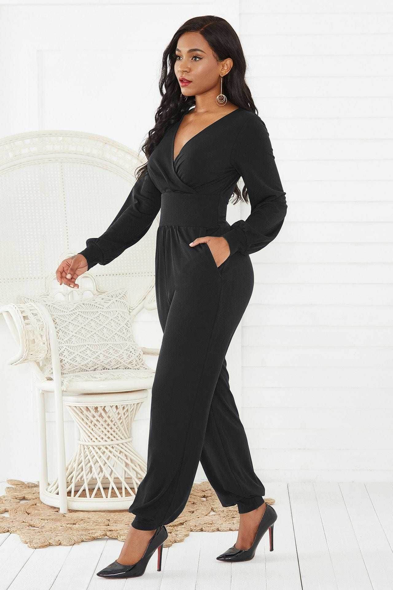 Gathered Detail Surplice Lantern Sleeve Jumpsuit - us.meeeshop