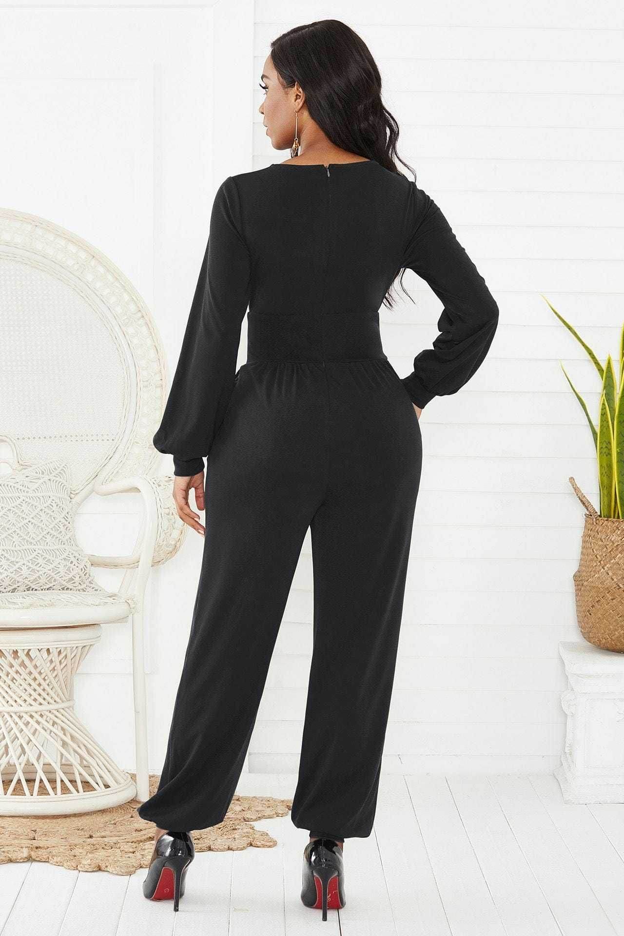 Gathered Detail Surplice Lantern Sleeve Jumpsuit - us.meeeshop