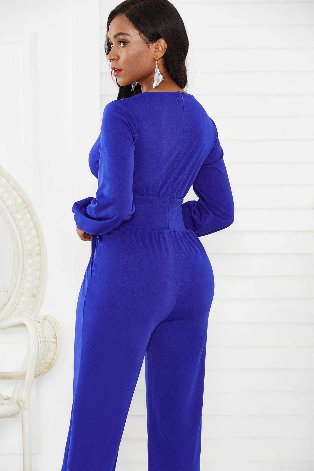 Gathered Detail Surplice Lantern Sleeve Jumpsuit - us.meeeshop