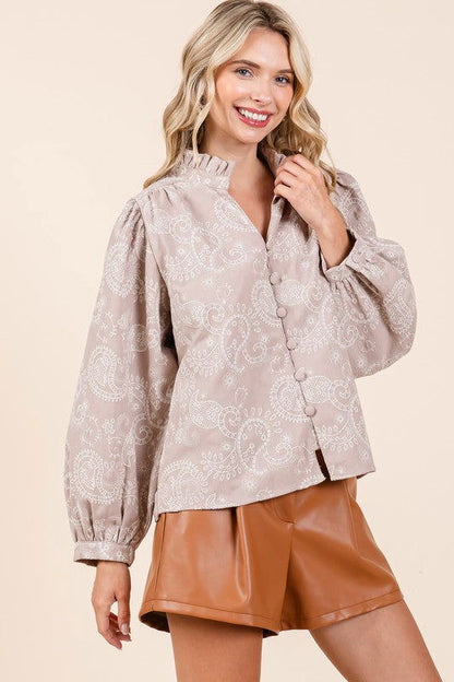 GeeGee Paisley Eyelet Laced Button-Up Blouse us.meeeshop - 