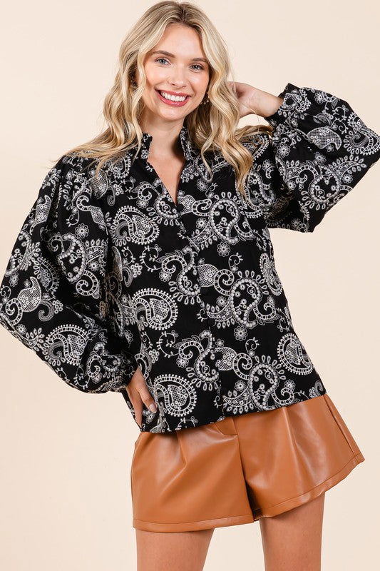 GeeGee Paisley Eyelet Laced Button-Up Blouse us.meeeshop - 