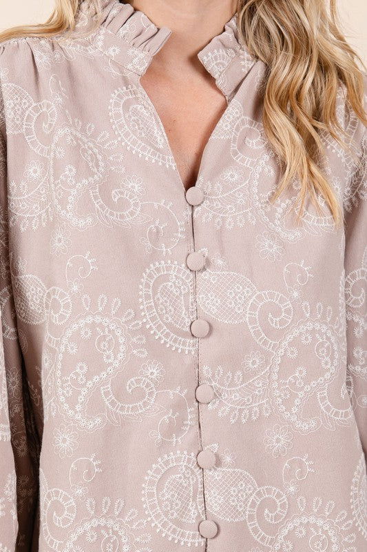 GeeGee Paisley Eyelet Laced Button-Up Blouse us.meeeshop - 