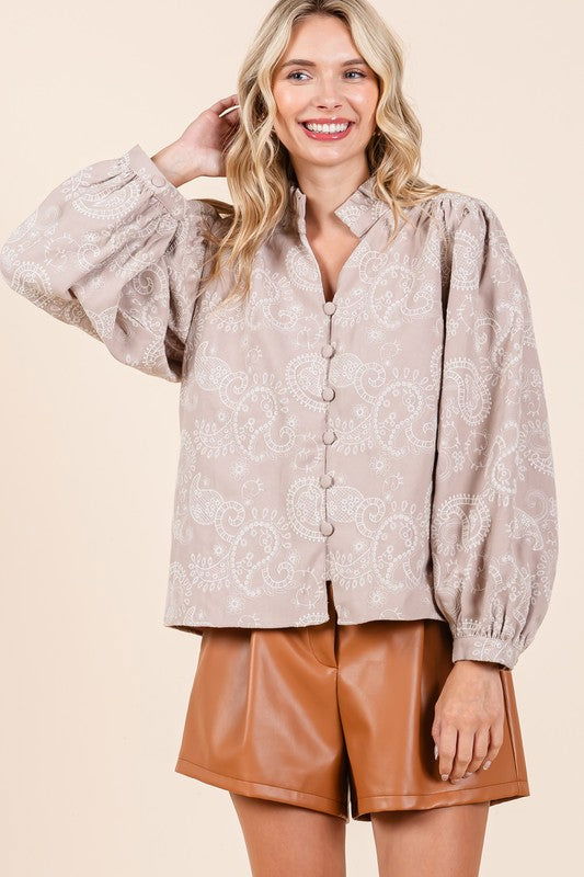 GeeGee Paisley Eyelet Laced Button-Up Blouse us.meeeshop - 