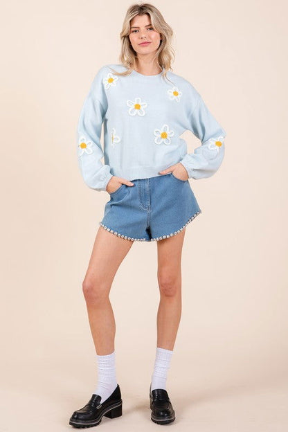 Geegee Floral Embroidered Solid Knit Sweater us.meeeshop - 