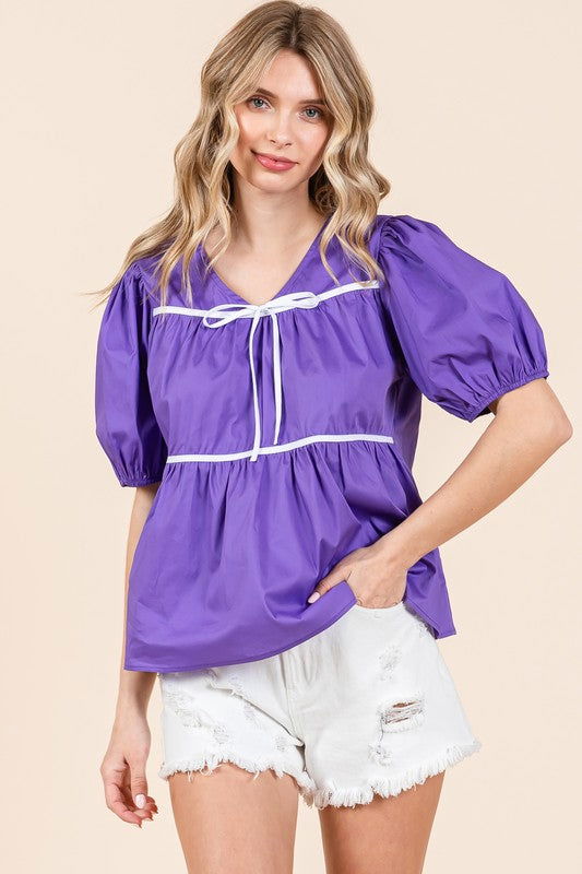 Geegee Piping Detail Babydoll Top us.meeeshop - Shirts & Tops