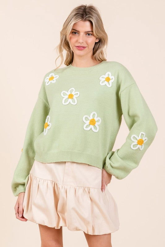 Geegee Plus Floral Embroidered Long Sleeve Knit Sweater us.meeeshop - 