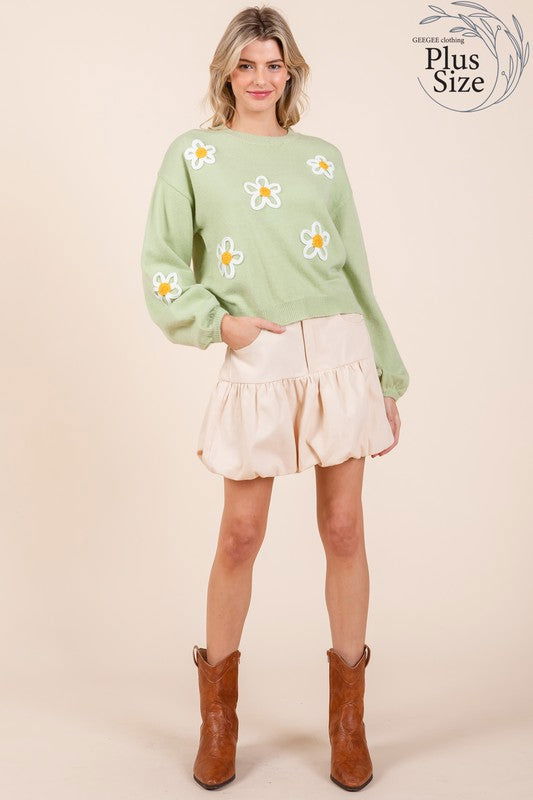 Geegee Plus Floral Embroidered Long Sleeve Knit Sweater us.meeeshop - 