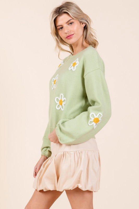 Geegee Plus Floral Embroidered Long Sleeve Knit Sweater us.meeeshop - 