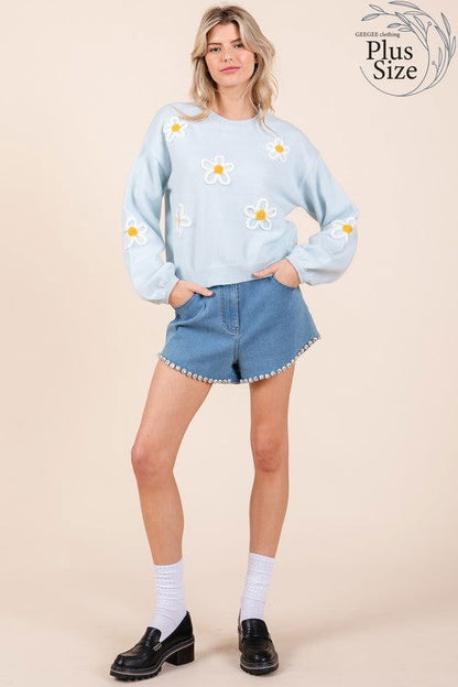 Geegee Plus Floral Embroidered Long Sleeve Knit Sweater us.meeeshop - 