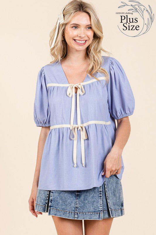 Geegee Plus Piping Detail Babydoll Top us.meeeshop - 