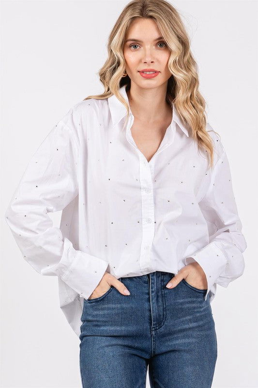 Geegee Plus Rhinestone Button Up Shirt us.meeeshop - 