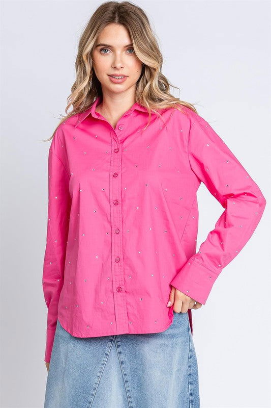 Geegee Plus Rhinestone Button Up Shirt us.meeeshop - Shirts & Tops