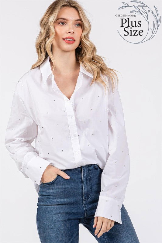 Geegee Plus Rhinestone Button Up Shirt us.meeeshop - 