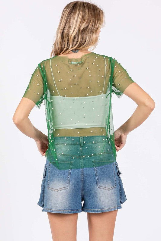 Geegee Rhinestone & Pearl Mesh Top us.meeeshop - 