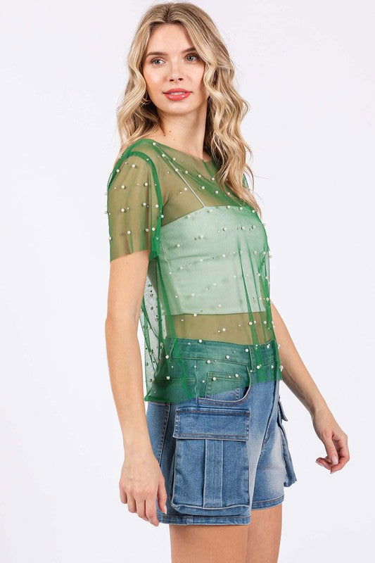 Geegee Rhinestone & Pearl Mesh Top us.meeeshop - 