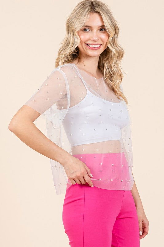 Geegee Rhinestone & Pearl Mesh Top us.meeeshop - 