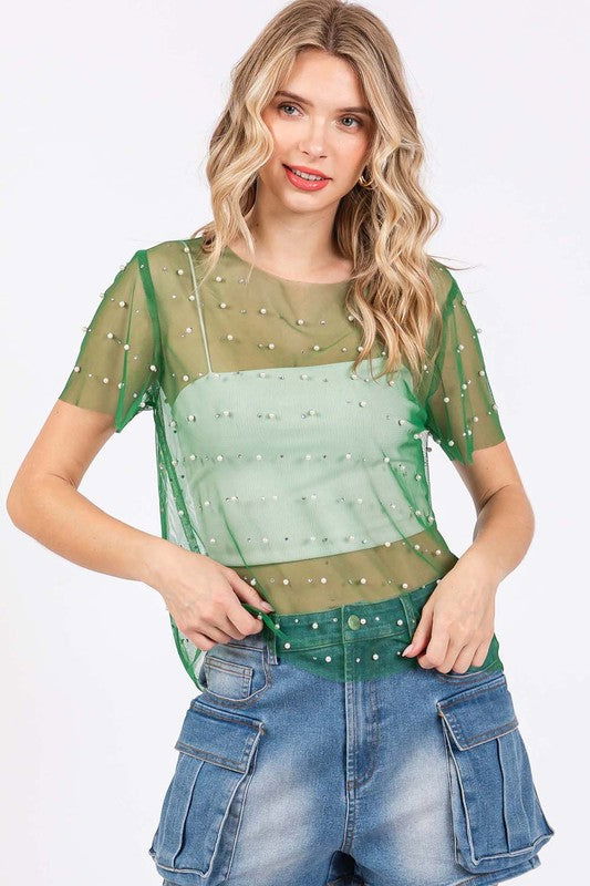 Geegee Rhinestone & Pearl Mesh Top us.meeeshop - Shirts & Tops