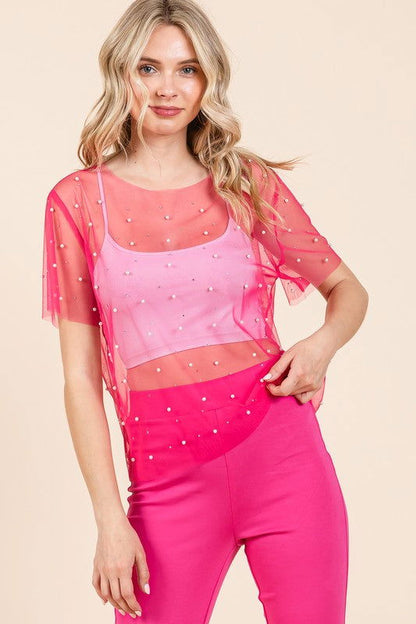 Geegee Rhinestone & Pearl Mesh Top us.meeeshop - 