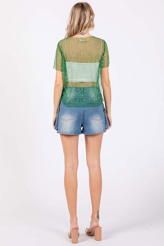 Geegee Rhinestone & Pearl Mesh Top us.meeeshop - 