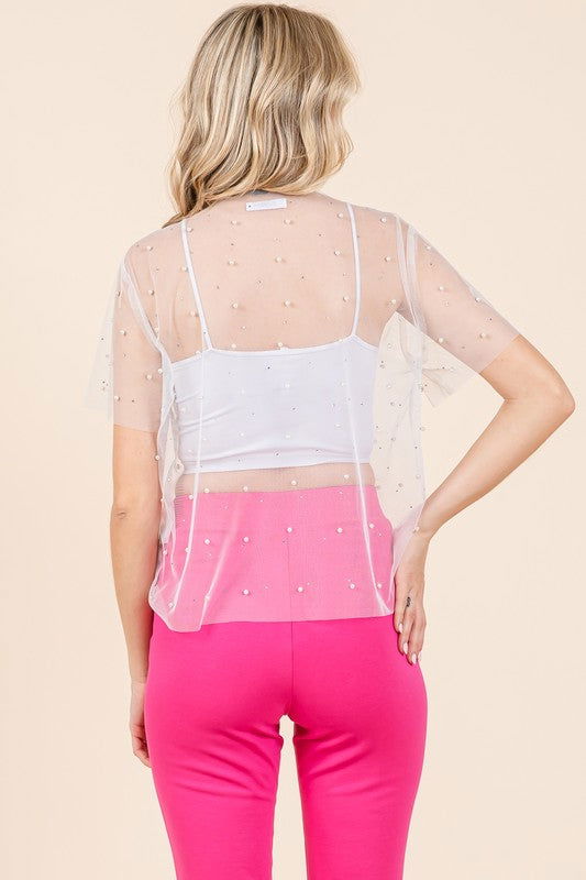 Geegee Rhinestone & Pearl Mesh Top us.meeeshop - 