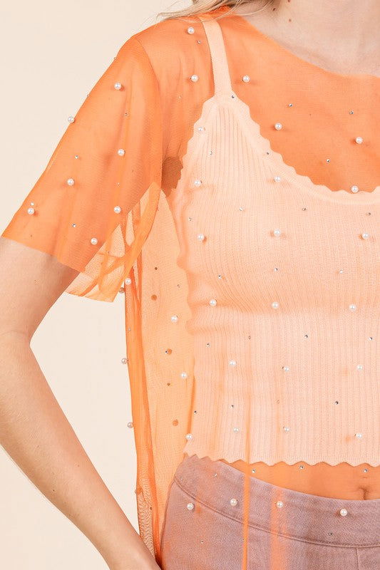 Geegee Rhinestone & Pearl Mesh Top us.meeeshop - 