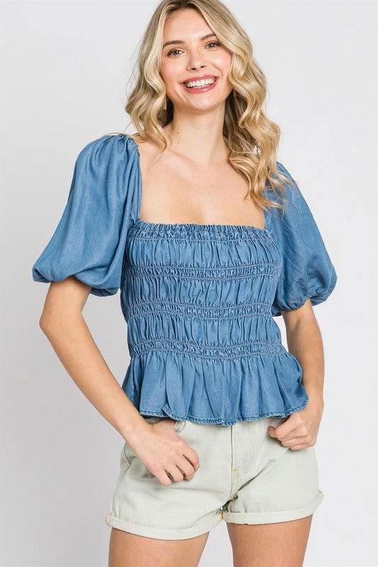 Geegee Denim Smocked Peplum Top - us.meeeshop