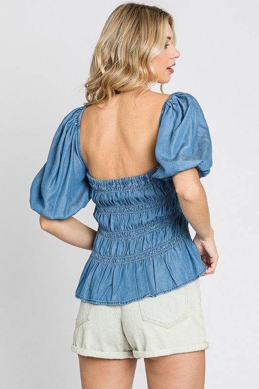 Geegee Denim Smocked Peplum Top - us.meeeshop