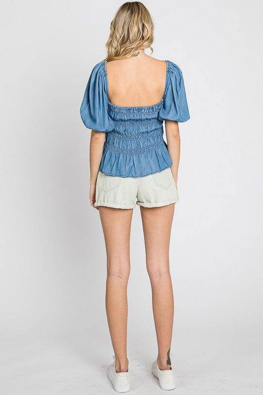 Geegee Denim Smocked Peplum Top - us.meeeshop