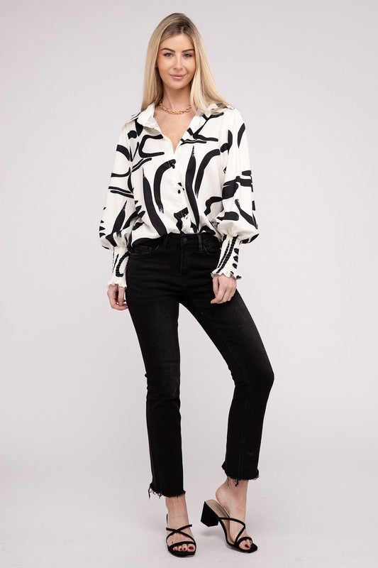 Geo Print Button Front Blouse - us.meeeshop