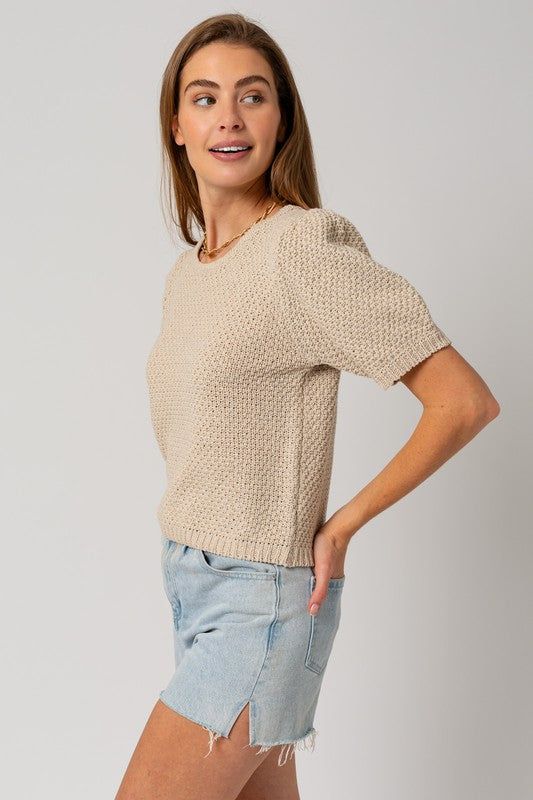 Gilli Puff Sleeve Round Neck Texture Sweater Top us.meeeshop - 